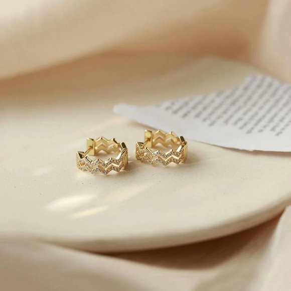 *Gold/Sterling Silver Diamond Wave Hoop Earrings - Picture 11 of 11